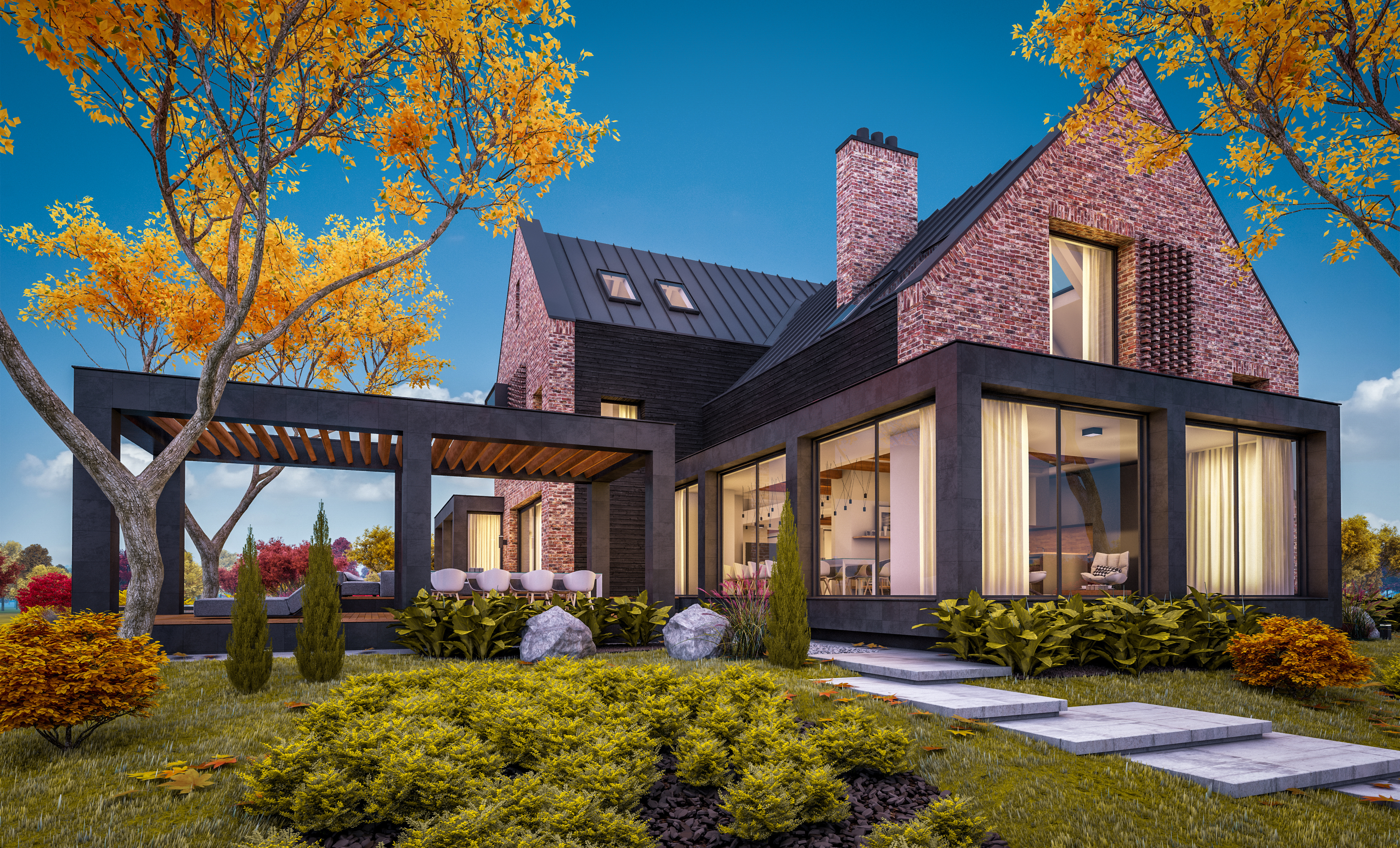 3d rendering of modern cozy clinker house on the ponds with garage and pool for sale or rent with beautiful landscaping on background. Soft autumn evening with golden leafs anywhere.